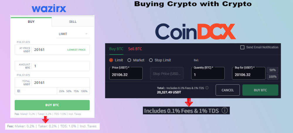 wazirx and coindcx BTC/USDT buy page showing 1% TDS when buying crypto with crypto