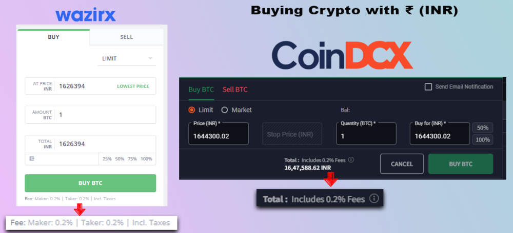 wazirx and coindcx BTC/INR buy page showing no TDS when buying crypto with INR