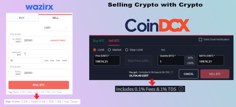 wazirx and coindcx BTC/USDT sell page showing 1% TDS when selling crypto with crypto