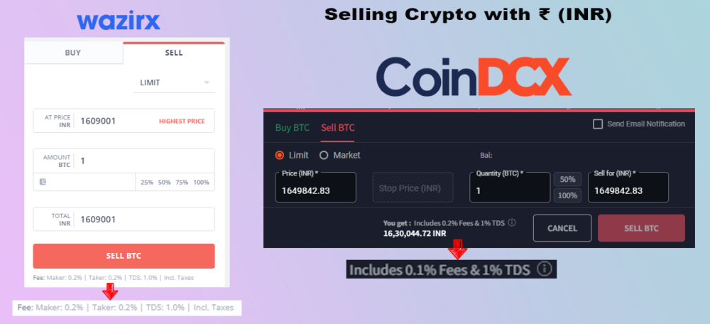 wazirx and coindcx BTC/INR sell page showing 1% TDS when selling crypto with INR